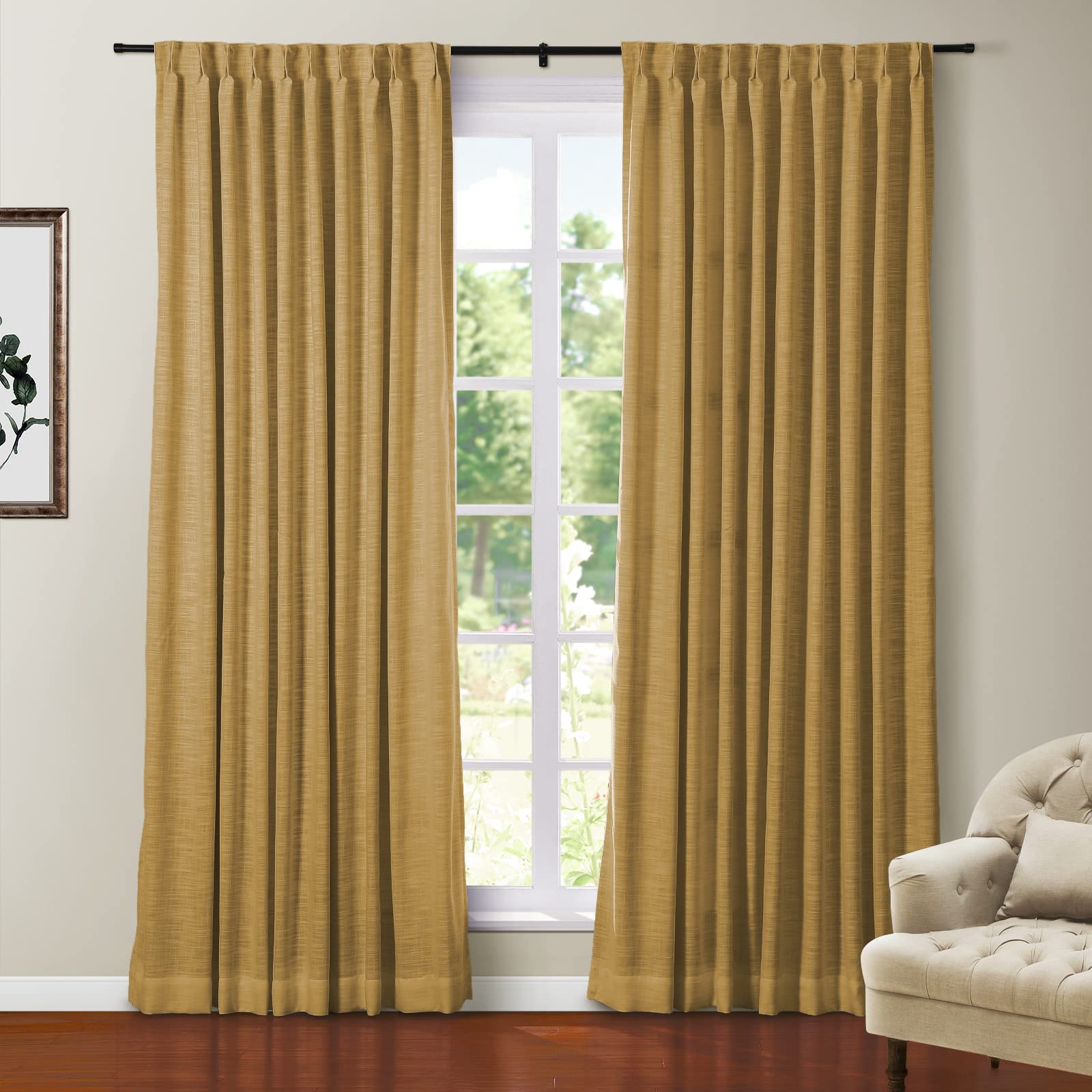 Twopages Mustard Yellow Faux Linen Blackout Curtain Thermal Insulated Drape With Pinch Pleat And Back Tab Textured Privacy Prote